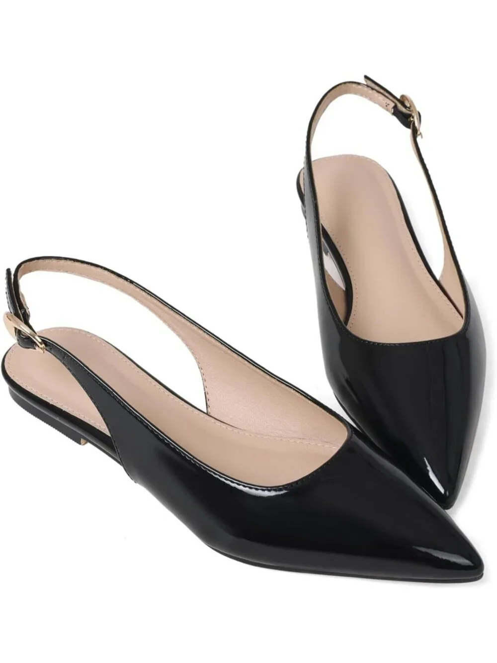Women's Black Leather Closed Pointed Toe Ballet Flats Adjustable Buckle Shoes
